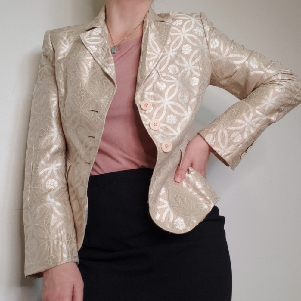 Moschino Silk Blend Champagne Jacquard 3-Button Blazer Size 10
